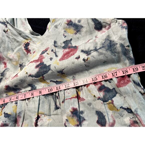 Linen Sun Dress Tie Back V Neck Sz S Blue Abstract Floral Beach Cruise Cottage - Picture 5 of 8